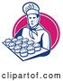 Vector Clip Art of Retro Male Chef Baker Holding a Tray of Meat Pies in a Pink Oval by Patrimonio