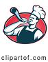 Vector Clip Art of Retro Male Chef Blowing a Bullhorn in a Red White and Navy Blue Oval of Rays by Patrimonio