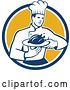 Vector Clip Art of Retro Male Chef Carrying a Roasted Chicken on a Platter in a Blue White and Yellow Circle by Patrimonio