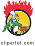 Vector Clip Art of Retro Male Chef Carrying an Alligator and Spatula to a Football Grill in a Circle Under Flames by Patrimonio