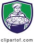 Vector Clip Art of Retro Male Chef Holding a Pizza Pie on a Blue White and Green Shield by Patrimonio