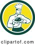 Vector Clip Art of Retro Male Chef Holding a Roasted Chicken on a Plate in a Green White and Yellow Circle by Patrimonio