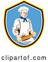 Vector Clip Art of Retro Male Chef Holding a Rolling Pin in a Yellow Brown White and Blue Shield by Patrimonio