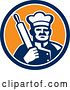 Vector Clip Art of Retro Male Chef Holding a Rolling Pin over His Shoulder in a Blue White and Orange Circle by Patrimonio