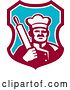 Vector Clip Art of Retro Male Chef Holding a Rolling Pin over His Shoulder in a Maroon White and Blue Shield by Patrimonio