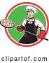 Vector Clip Art of Retro Male Chef with a Pizza on a Peel in a Red White and Green Circle by Patrimonio