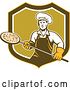Vector Clip Art of Retro Male Chef with a Pizza on a Peel in a Yellow Brown White and Green Shield by Patrimonio