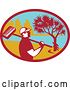 Vector Clip Art of Retro Male Cleaner Holding a Broom over His Shoulder, Inside an Oval with a Pandanus Tree and Coast by Patrimonio