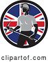 Vector Clip Art of Retro Male Coal Miner Holding a Pickaxe in a Union Jack Flag Circle by Patrimonio