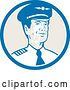 Vector Clip Art of Retro Male Commercial Aircraft Pilot in a Blue White and Tan Circle by Patrimonio