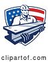 Vector Clip Art of Retro Male Construction Worker Carrying an I Beam and Emerging from an American Flag Shield by Patrimonio
