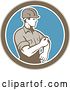 Vector Clip Art of Retro Male Construction Worker Rolling up His Sleeve in a Brown White and Blue Circle by Patrimonio
