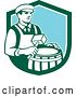 Vector Clip Art of Retro Male Cooper Barrel Maker Holding a Mallet over a Drum in a Green White and Blue Shield by Patrimonio