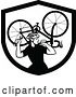 Vector Clip Art of Retro Male Cyclist Carrying a Bicycle on His Back Inside a Shield by Patrimonio