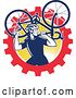 Vector Clip Art of Retro Male Cyclist Carrying a Bicycle over a Gear and Sun Circle by Patrimonio