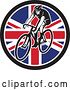 Vector Clip Art of Retro Male Cyclist Riding a Bicycle in a Union Jack Flag Circle by Patrimonio