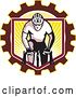 Vector Clip Art of Retro Male Cyclist Riding over a Gear Shield of Rays by Patrimonio