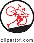 Vector Clip Art of Retro Male Cyclocross Athlete Running and Carrying Bicycle on His Shoulders in a Black White and Red Circle by Patrimonio