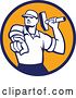 Vector Clip Art of Retro Male Demolition Worker Holding a Sledgehammer and Pointing in a Blue and Orange Circle by Patrimonio