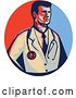 Vector Clip Art of Retro Male Doctor with a Stethoscope over a Red and Blue Circle by Patrimonio