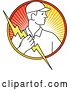 Vector Clip Art of Retro Male Electrician Holding a Bolt in a Circle by Patrimonio