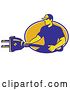 Vector Clip Art of Retro Male Electrician Holding a Giant Plug and Emerging from a Blue White and Yellow Oval by Patrimonio
