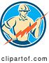 Vector Clip Art of Retro Male Electrician Holding a Lightning Bolt in a Blue and White Circle by Patrimonio