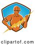Vector Clip Art of Retro Male Electrician Holding a Lightning Bolt in a Brown White and Blue Sunshine Shield by Patrimonio