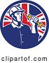 Vector Clip Art of Retro Male Electrician Holding a Lightning Bolt in a Union Jack Flag Circle by Patrimonio