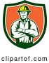 Vector Clip Art of Retro Male Electrician or Construction Worker with Folded Arms in a Green White and Orange Shield by Patrimonio