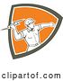 Vector Clip Art of Retro Male Electrician Throwing a Lightning Bolt in a Brown White and Orange Shield by Patrimonio