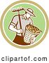 Vector Clip Art of Retro Male Farmer Carrying a Harvest Bushel Bucket and Rake in a Brown and Green Circle by Patrimonio