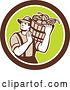 Vector Clip Art of Retro Male Farmer Carrying a Harvest Bushel Bucket in a Brown and Green Circle by Patrimonio