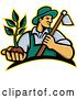 Vector Clip Art of Retro Male Farmer Holding a Hoe and Seedling Plant by Patrimonio