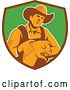 Vector Clip Art of Retro Male Farmer Holding a Piglet in a Brown and Green Shield by Patrimonio