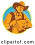 Vector Clip Art of Retro Male Farmer Holding a Piglet in a Yellow White and Blue Circle of Rays by Patrimonio