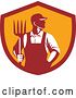 Vector Clip Art of Retro Male Farmer or Worker Standing with One Hand in His Pocket and One Hand Holding a Pitchfork in a Red and Orange Shield by Patrimonio