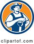 Vector Clip Art of Retro Male Farmer Resting an Arm on a Shovel in a Blue and Orange Circle by Patrimonio