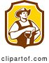 Vector Clip Art of Retro Male Farmer Resting an Arm on a Shovel in a Brown and Yellow Shield by Patrimonio