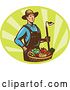 Vector Clip Art of Retro Male Farmer Standing with a Hoe and Bucket of Harvest Veggies over Green Rays by Patrimonio