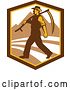 Vector Clip Art of Retro Male Farmer Walking with a Scythe in a Shield with Mountains by Patrimonio