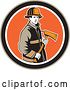 Vector Clip Art of Retro Male Firefighter Holding an Axe in a Brown Black White and Orange Circle by Patrimonio