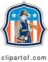 Vector Clip Art of Retro Male Firefighter Holding an Axe in an American Flag Shield by Patrimonio