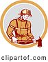 Vector Clip Art of Retro Male Firefighter Holding an Axe in an Orange White and Gray Circle by Patrimonio