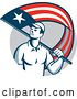 Vector Clip Art of Retro Male Handyman Walking with an American Themed Flag over His Shoulder, in a Gray Circle by Patrimonio