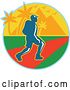 Vector Clip Art of Retro Male Hiker with Tropical Palm Trees and Mountains by Patrimonio