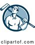 Vector Clip Art of Retro Male House Painter with a Roller Brush over His Shoulder in a Blue and White Circle by Patrimonio