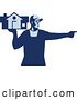 Vector Clip Art of Retro Male House Remover or Mover Holding a Home and Pointing, in Blue Tones by Patrimonio