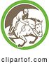 Vector Clip Art of Retro Male Jockey on a Leaping Horse in a Green White and Brown Circle by Patrimonio