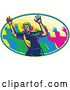 Vector Clip Art of Retro Male Marathon Runner and Crowd Holding up Hands in an Oval by Patrimonio